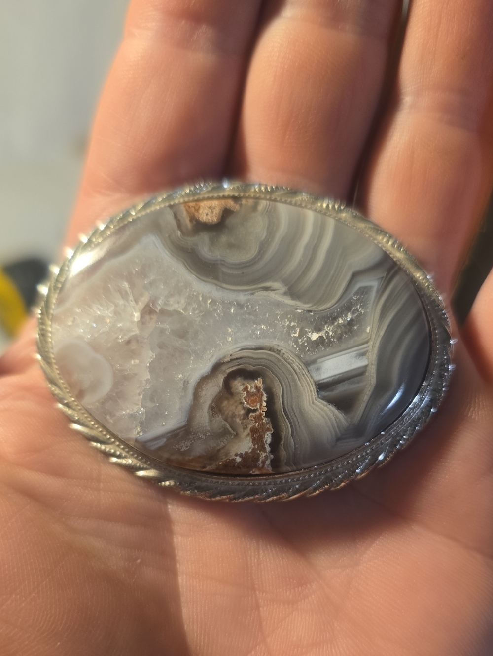 Silver Plated broch Gray Crazy Lace Agate with a natural quartz druzy pocket